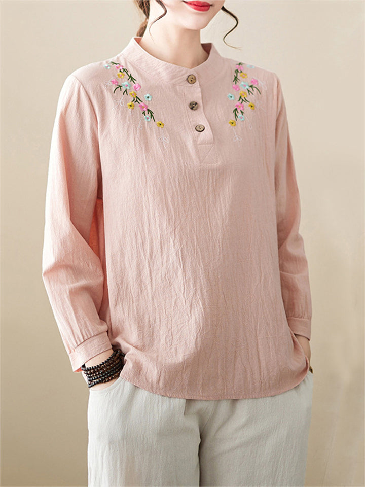 Women's Cute Flowers Embroidery Cotton Linen Long Sleeve Shirt