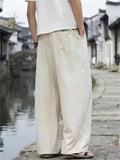 Men Japanese Streetwear Cotton Linen Drawstring Baggy Wide Leg Pants