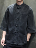 Chinese Style Retro Stand Collar Frog Button 3/4-sleeved Denim Shirt