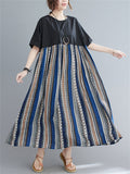 Bohemian Style Contrast Color Stripes Female Round Neck Oversized Dress