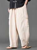 Mens Summer Linen Blend Loose Wide Leg Cargo Pants with Pockets