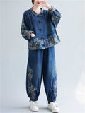 Women's 2Pcs Chinese Style Print Lapel Denim Top & Pants Set
