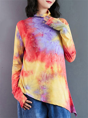 Women's Stylish Tie-Dye Turtleneck Irregular Hem Shirt