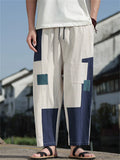 Mens Patchwork Color Block Cotton Linen Loose Harem Cropped Pants