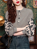 Women's O-Neck Black White Stripe Patchwork Long Sleeve Shirt