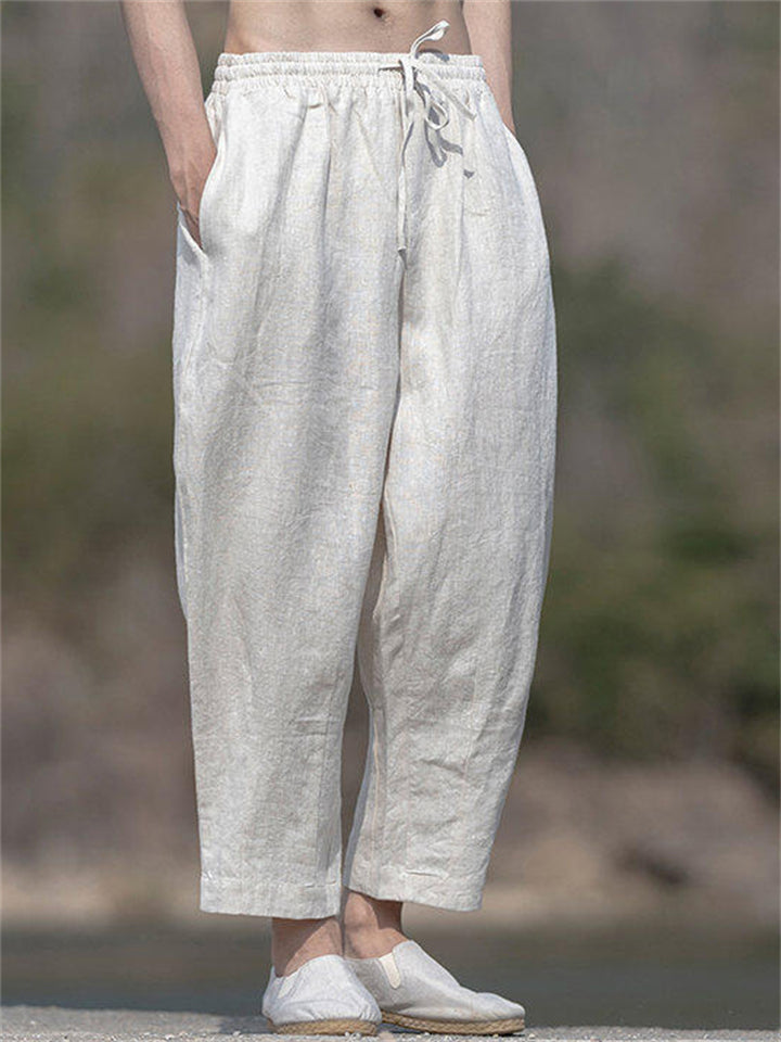 Men's Solid Color Linen Wide Leg Drawstring Cropped Pants