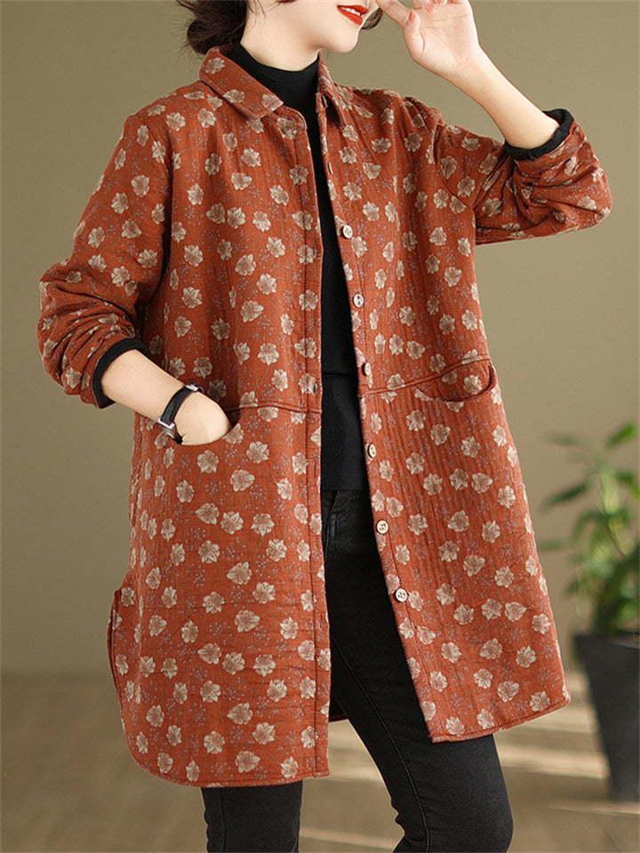 Vintage Floral Print Mid Length Cotton Coat for Women