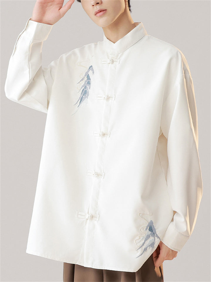 Oriental Style Men's Stand Collar Embroidered Long Sleeve Shirts