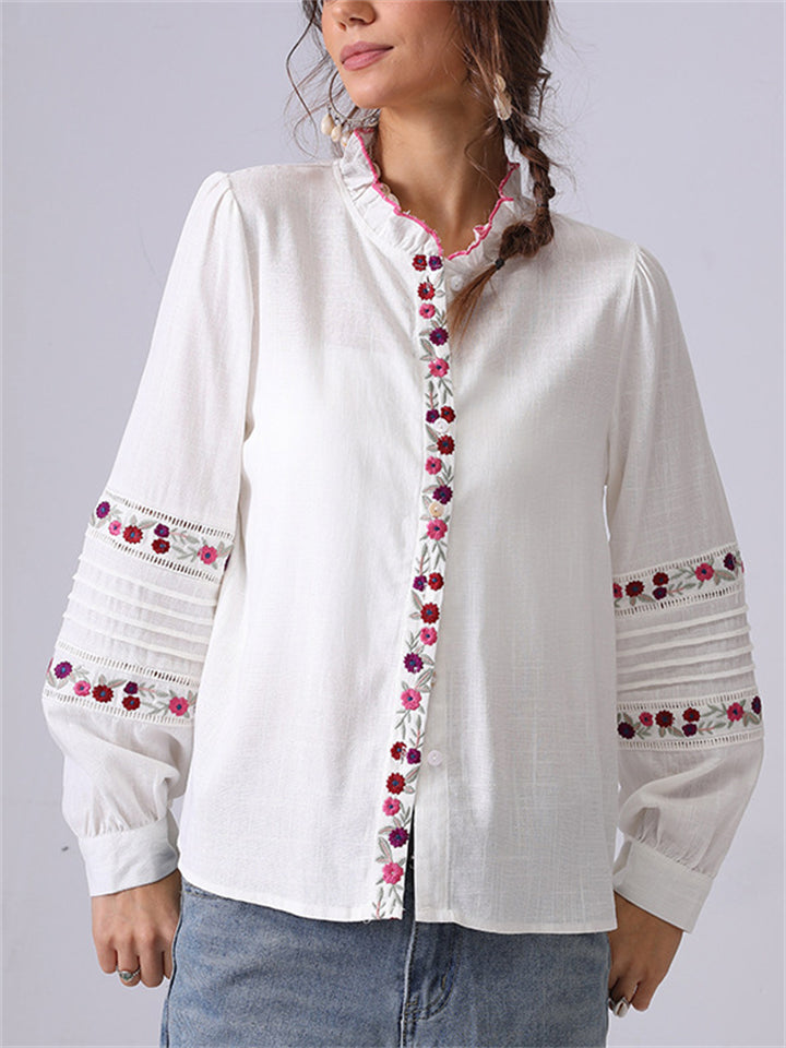 Women's French Style Embroidery Long Sleeve Ruffled Shirt