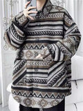 Retro Loose Stripe Long Sleeve Woolen Pockets Jacket for Men