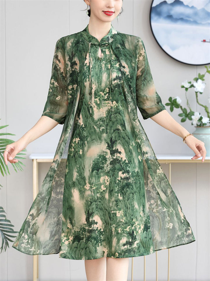 Chinese Style Green Landscape Print Cheongsam Collar Dress for Women