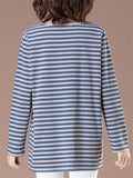 Women's Loose Cotton Stripe O-Neck Long Sleeve Shirts