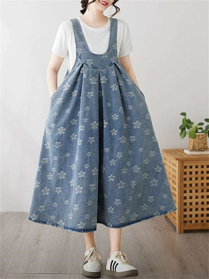 Women's Casual Blue Printed Sleeveless Strappy A-Line Demin Dress