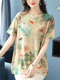 Women's Loose Print Short Sleeve Slant Placket Knit Shirts