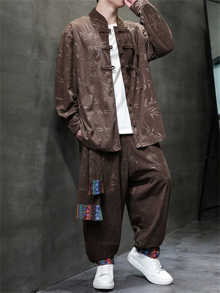 Chinese Ethnic Style Corduroy Button Leaf Pattern Jacket  and Loose Drawstring Pants Set for Men
