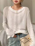 Women's Loose Comfy Hollow Solid Color Round Neck Long Sleeve Shirts