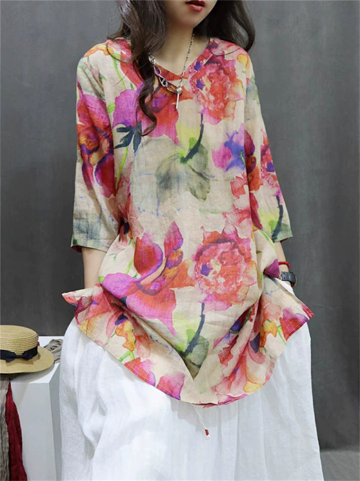 Women's Summer Elegant Retro Floral Printed V Neck Shirts