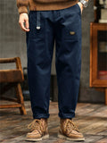 Men's Japanese Style Cotton Solid Color Pockets Straight Cargo Pants with Belt