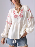 Women's French Style Embroidery V Neck Puffed Sleeve Shirt