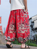 Men's Chinese Style Loong Print Loose Fit Cropped Lantern Pants