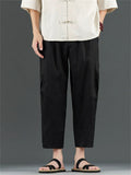 Men's Simple Chinese Style Solid Color Linen Straight Cropped Pants