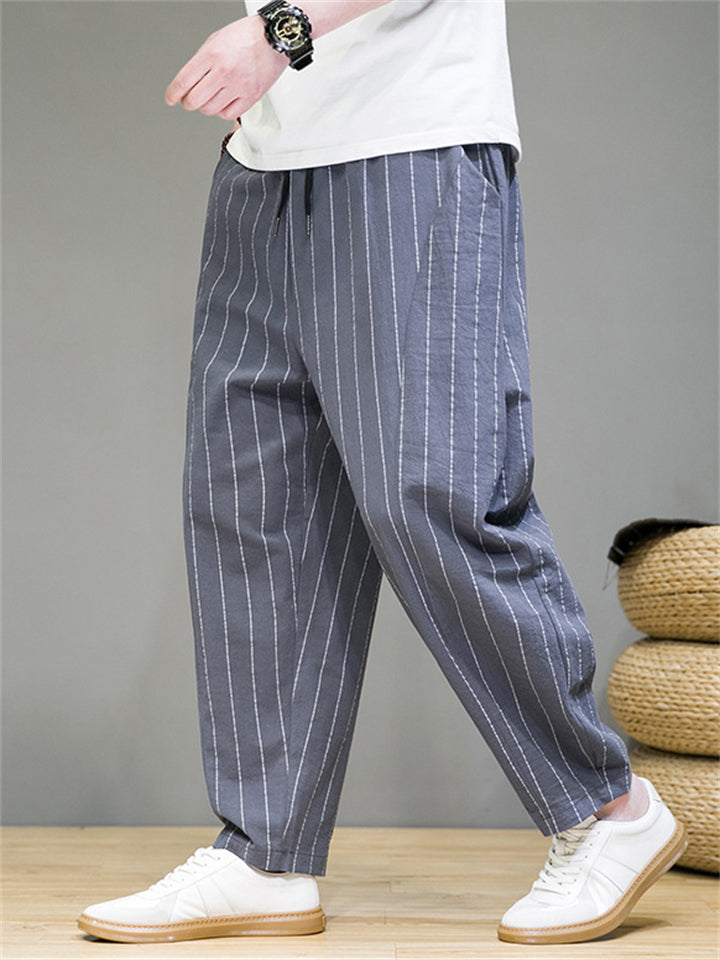 Men's Casual Drawstring Striped Cotton Linen Pants