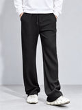Men Jacquard Striped Pants Drawstring Elastic Waist Loose Fit Trousers