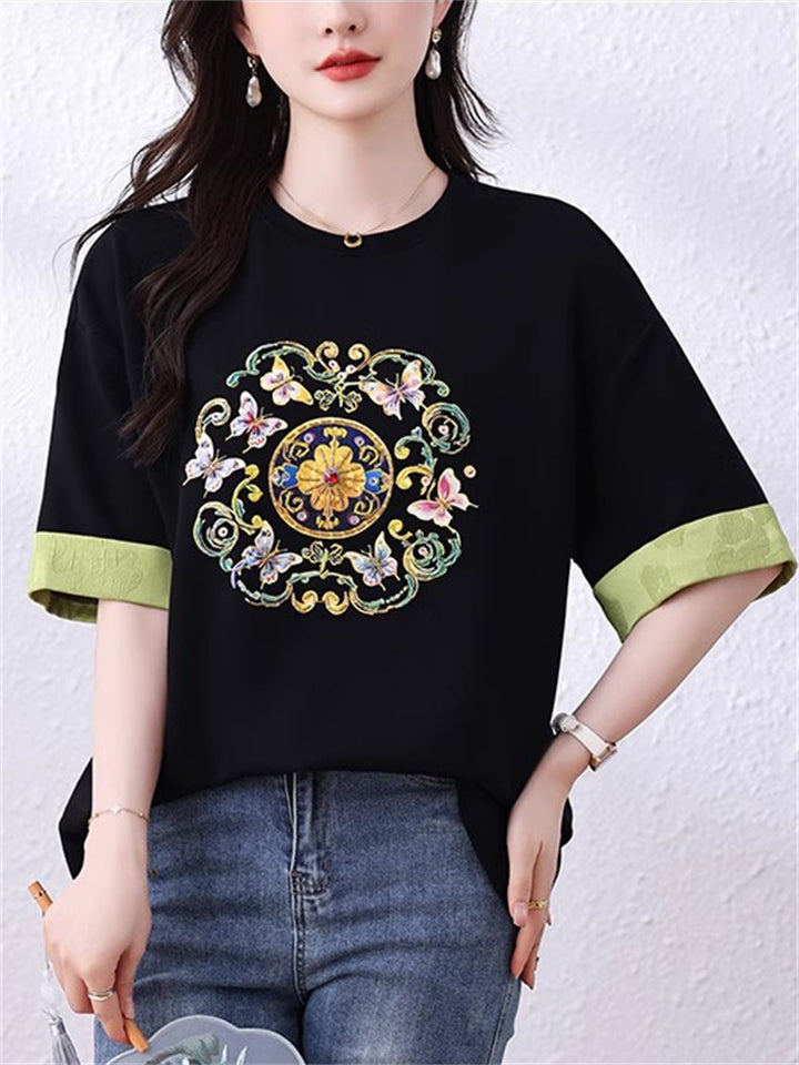 Korean Style Loose Women's Print Contrast Color T-Shirt