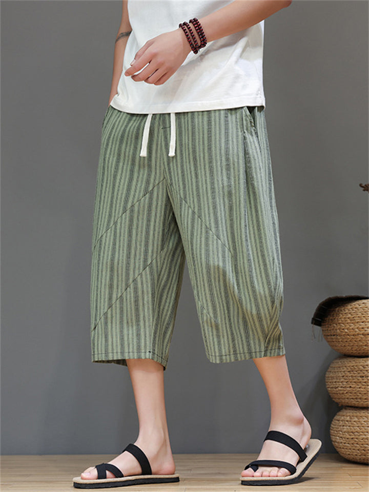 Men's Cotton Linen Stripe Drawstring Capri Pants