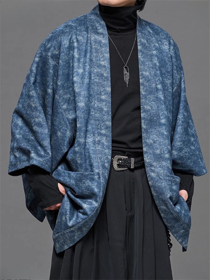 Retro Blue Zen Style Print Faux Suede 3/4 Sleeve Cardigan for Men
