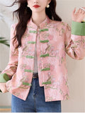 Women's Stand Collar Contrast Color Flowers Print Tang Suit Jacket