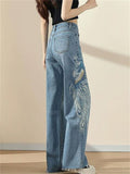 Women's High Waist Peacock Embroidery Denim Pants