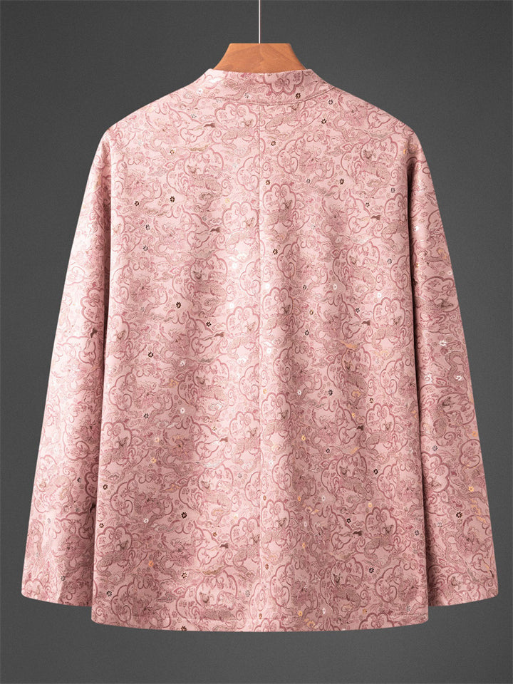 Men's Trendy Chinese Style Loong Printed Frog Button Pink Tangsuit Jacket