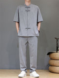 Men's 2Pcs Comfy Stand Collar Short Sleeve Solid Color TangSuit Outfits