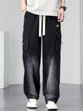 Men High Street Cargo Jeans Drawstring Wide Leg Washed Baggy Denim Pants