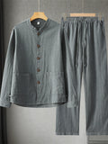 Men's 2Pcs Comfy Autumn Cotton Linen Solid Color TangSuit Outfit