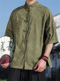 Men's Chinese-style Stand Collar Half Sleeve Bamboo Jacquard Shirt