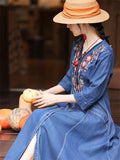 Women's V-neck Ethnic Floral Embroidery Button Pockets Denim Dress