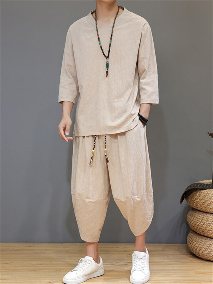 Men's 2Pcs Retro Chinese Style Casual Solid Color 3/4 Sleeve V Neck Outfits