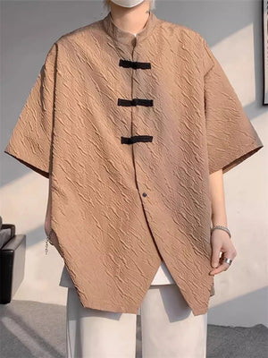 Men's Summer Chinese Style Frog Button Texture Tang Suit Shirts