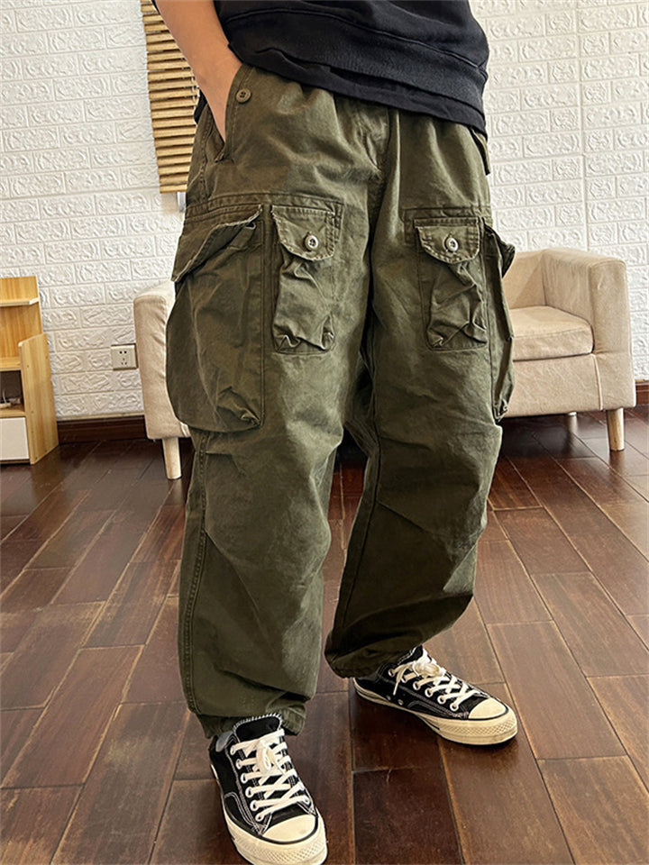 Men's Japanese Style Vintage Cotton Utility Cargo Pants with Multiple Pockets