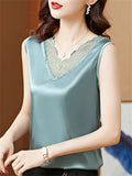 Summer Patchwork V Neck Satin Undershirt for Women