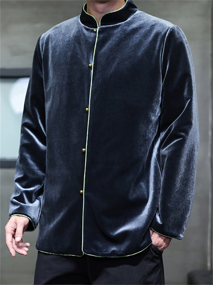 Men's Retro Chinese Style Autumn Velvet Contrast Trim TangSuit Jackets