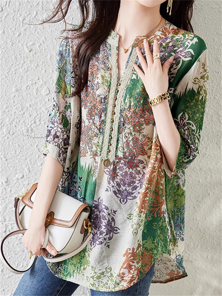 Loose Summer Floral Print V-Neck Patchwork Shirt For Women