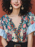 Summer Floral Print V-Neck Ruffled Sleeve Shirt for Women