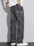 Men's American Retro Casual Spring Autumn Loose Straight Plaid Denim Pants