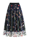 Retro Embroidery Mesh Elastic Waist Skirts for Women