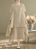 Women's Casual Solid Color Round Neck Double-layer Big Hem Midi Dress