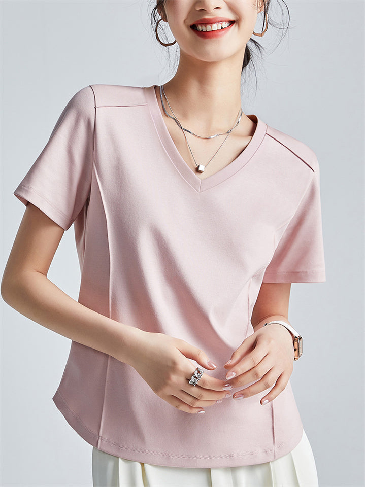 Summer V-Neck Solid Color Short Sleeve T-Shirt for Women