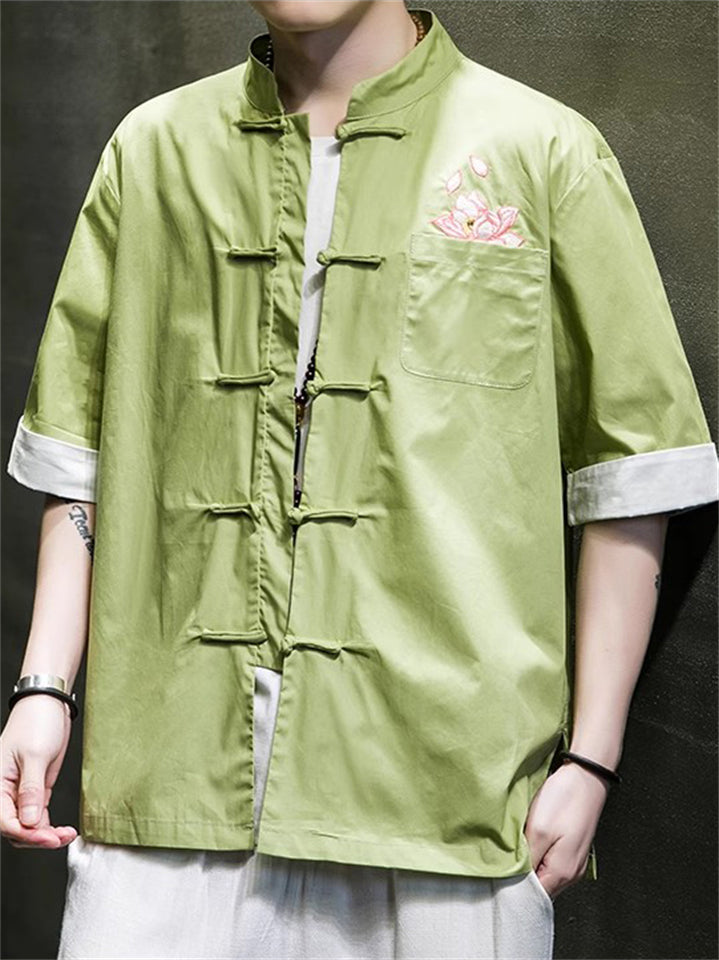 Men's Lotus Embroidery Tang Suit Short Sleeve Stand Collar Shirts